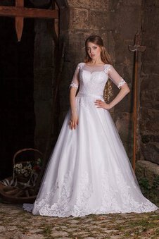 Abito da Sposa in Tulle Spazzola Treno con Applique con Mezze Maniche Largo