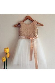 Abito da Cerimonia Bambini in Tulle con Perline con Nastro con Paillette Naturale