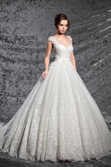 Abito da Sposa Queen Anne Radiosa V-Scollo in Pizzo con Manica Corte