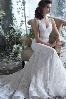 Abito da Sposa con Nastro V-Scollo Senza Maniche in Pizzo con Perline