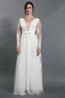 Abito da Sposa Profondo V-scollo con Fusciacca con Applique in Pizzo A Terra