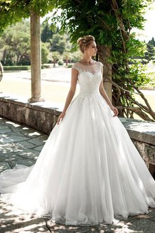 Abito da Sposa Tondo con Applique con Manica Corte in Pizzo Buco Della Serratura Schiena