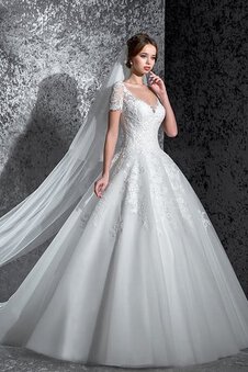 Abito da Sposa in Pizzo con Piega Allacciato con Manica Corte V-Scollo