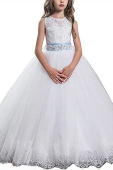 Abito da Cerimonia Bambini con Fiore Tondo in Tulle Naturale Ball Gown