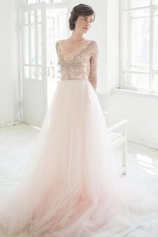 Abito da Sposa con Fiore in Pizzo in Tulle Stravagante con Perline