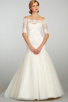 Abito da Sposa Cerniera con Mezze Maniche Coda A Strascico Corto Classico in Organza