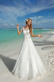 Abito da Sposa con Fiocco con Manica Corte con Bottone A-Line in Pizzo